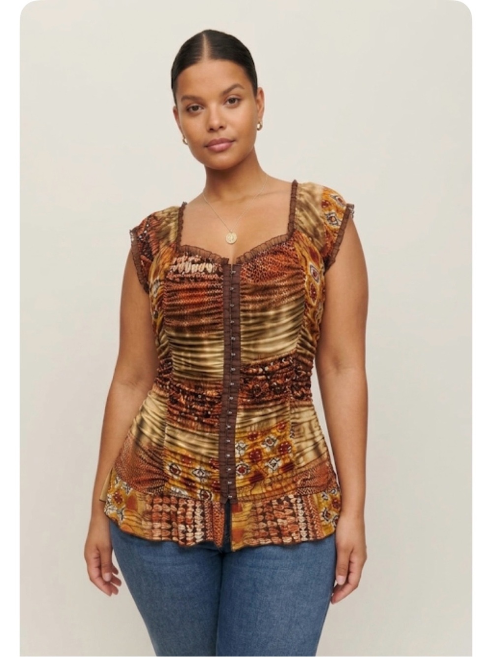 Vintage 90s Y2K ING Brown Orange  Ruched Top Hook & Eye Whimsigoth Blouse